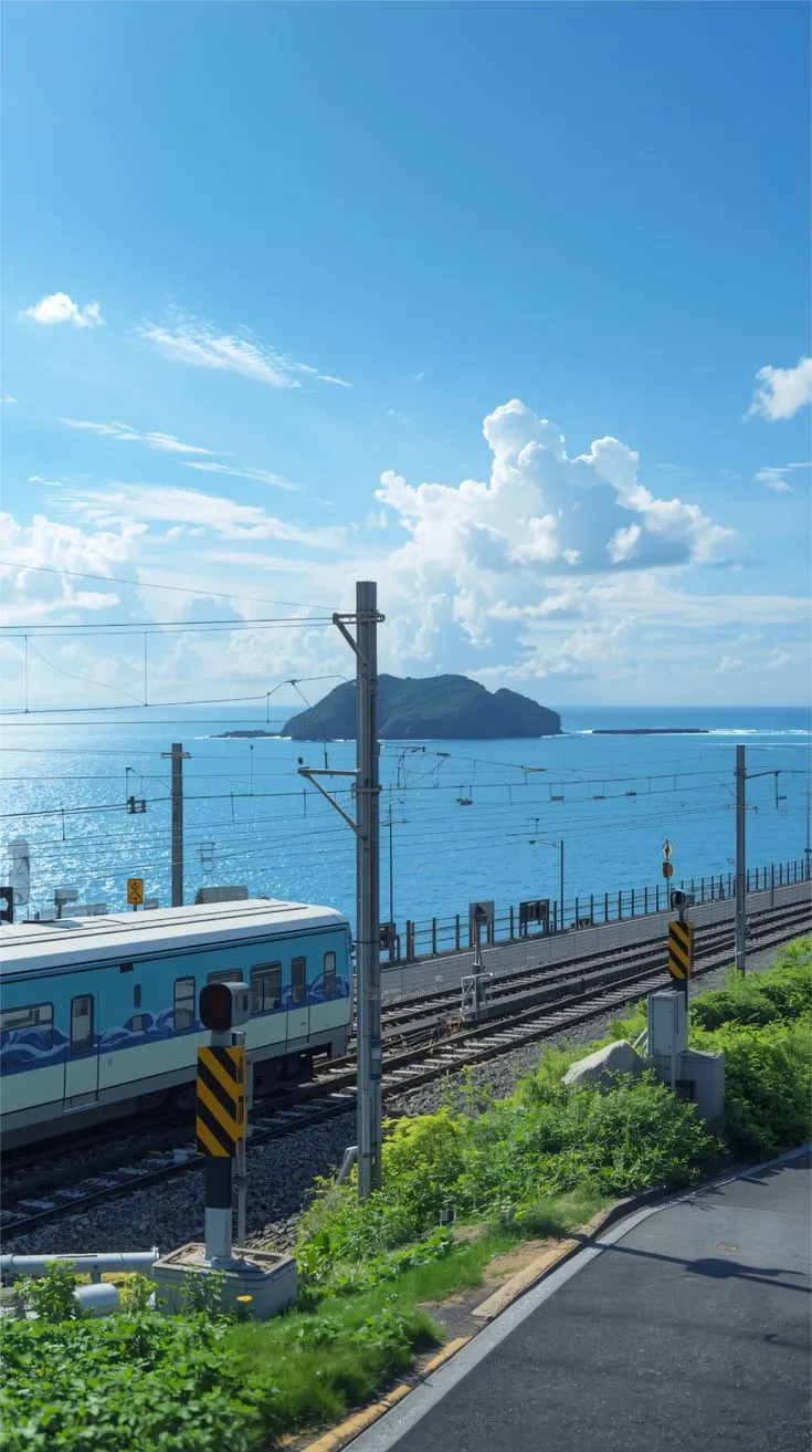 a train traveling down tracks next to the ocean on a sunny day with blue skies
