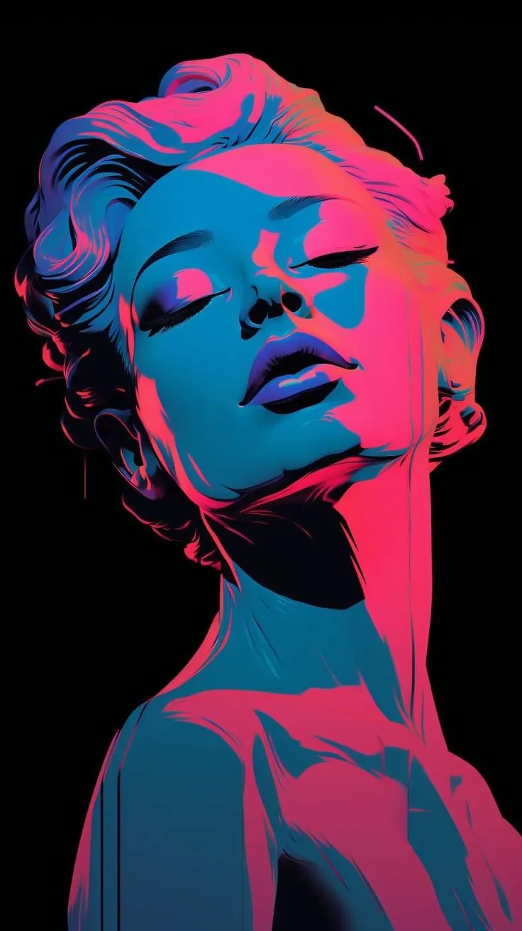 a woman with her eyes closed in pink and blue