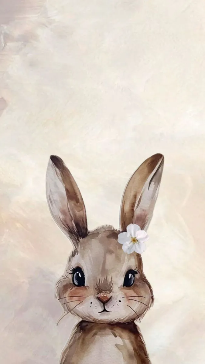 a painting of a rabbit with a flower on its head and ears, sitting in front of a beige background