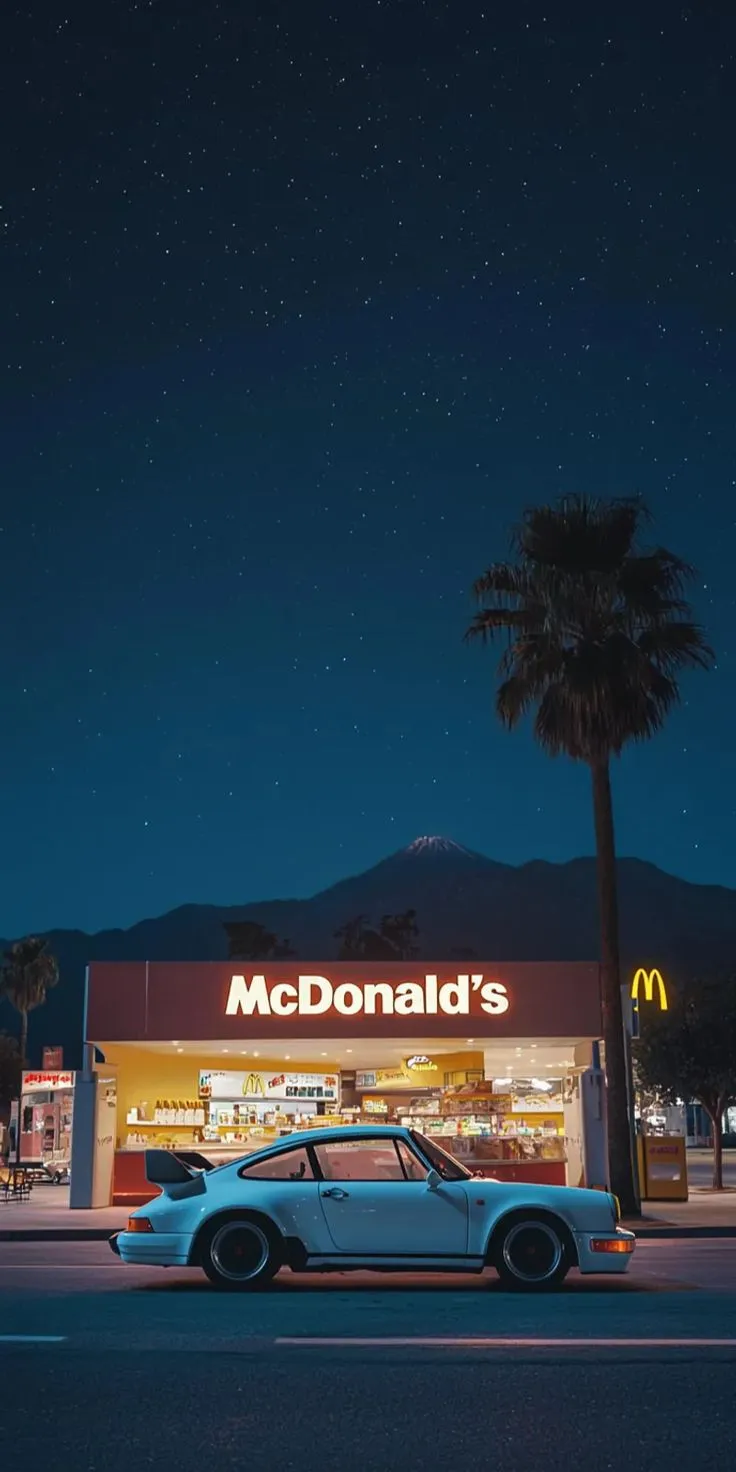 a car parked in front of a mcdonald's restaurant at night with palm trees