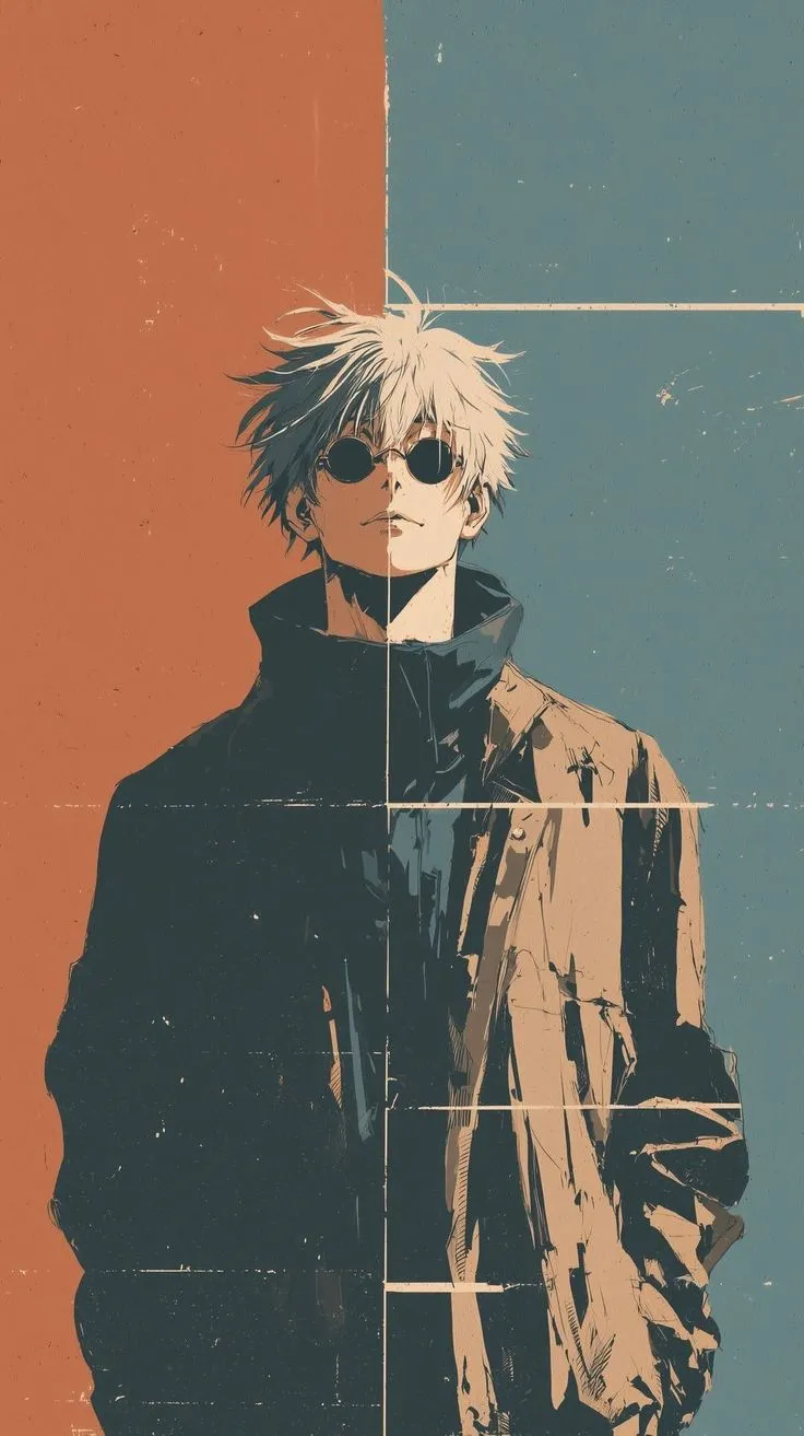 a man with white hair and glasses standing in front of a wall