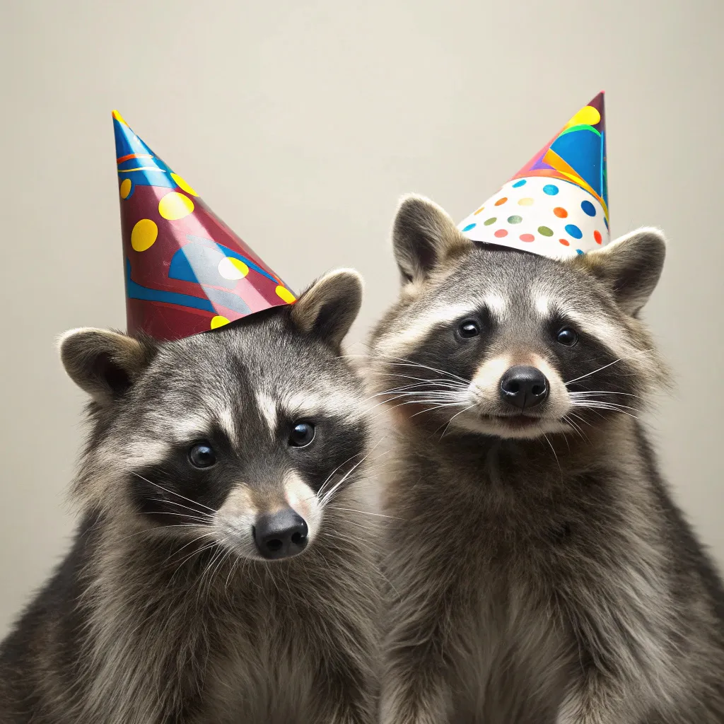 two raccoons wearing Birthday party hats