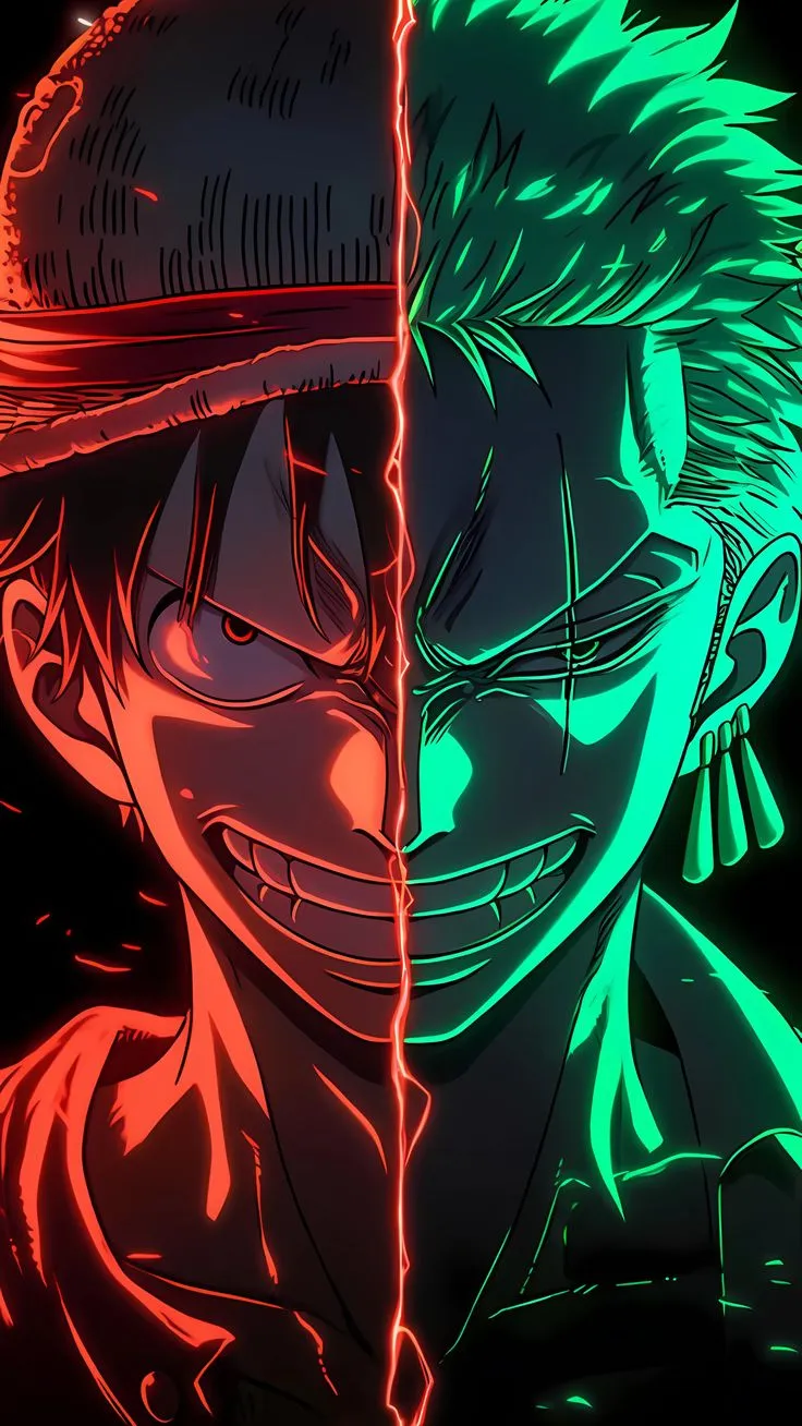 two anime characters, one with green and red hair
