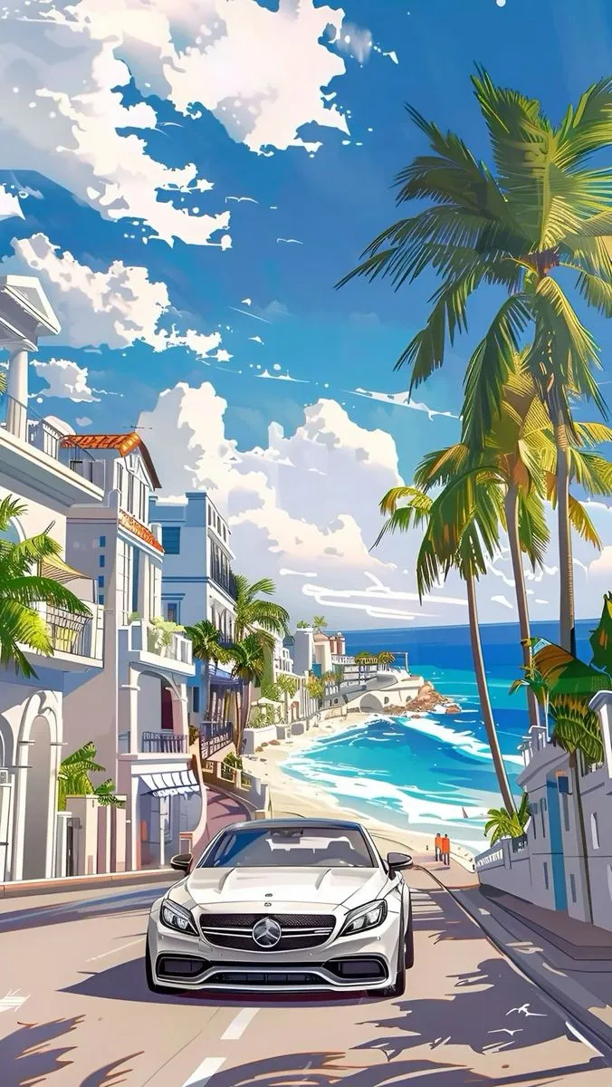 a white car driving down a street next to tall palm trees and ocean front buildings