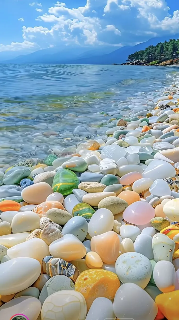 there are many different colored rocks on the beach
