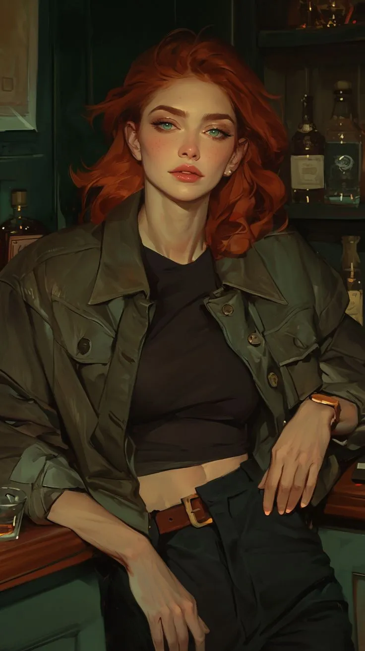 a painting of a woman with red hair sitting on a bar counter wearing a green jacket