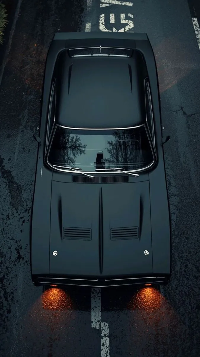an overhead view of a black sports car parked on the side of the road with its lights on