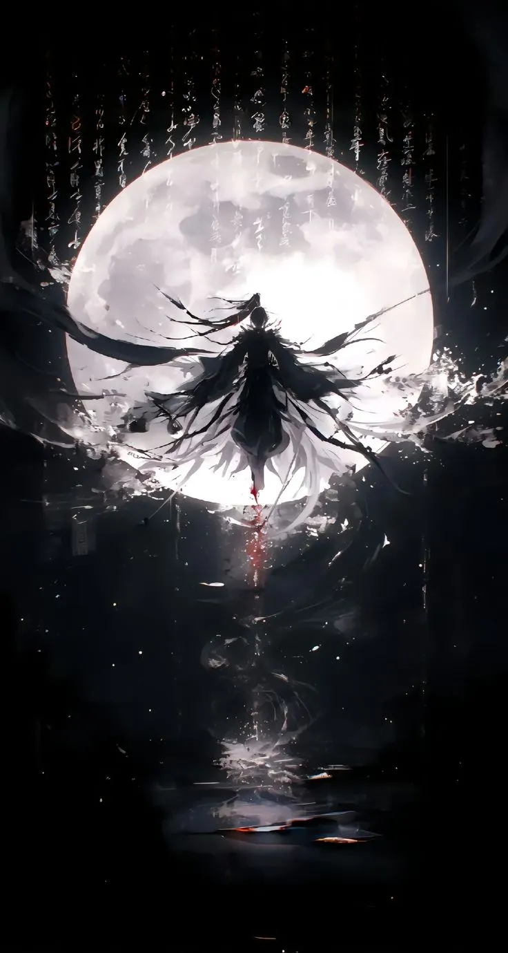 a person standing in front of a full moon with long hair and flowing streams