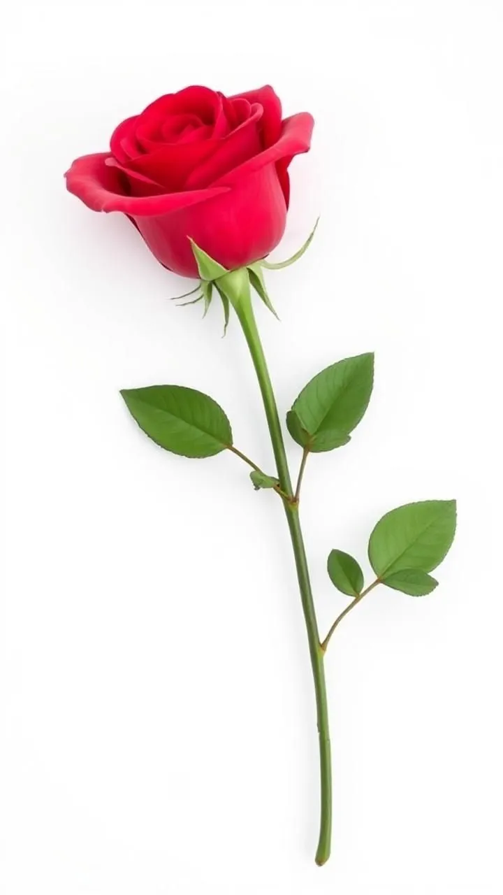 a single red rose with green leaves on it's stem against a white background