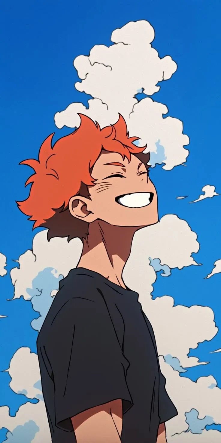 an anime character with red hair and black shirt looking up at the clouds in the sky