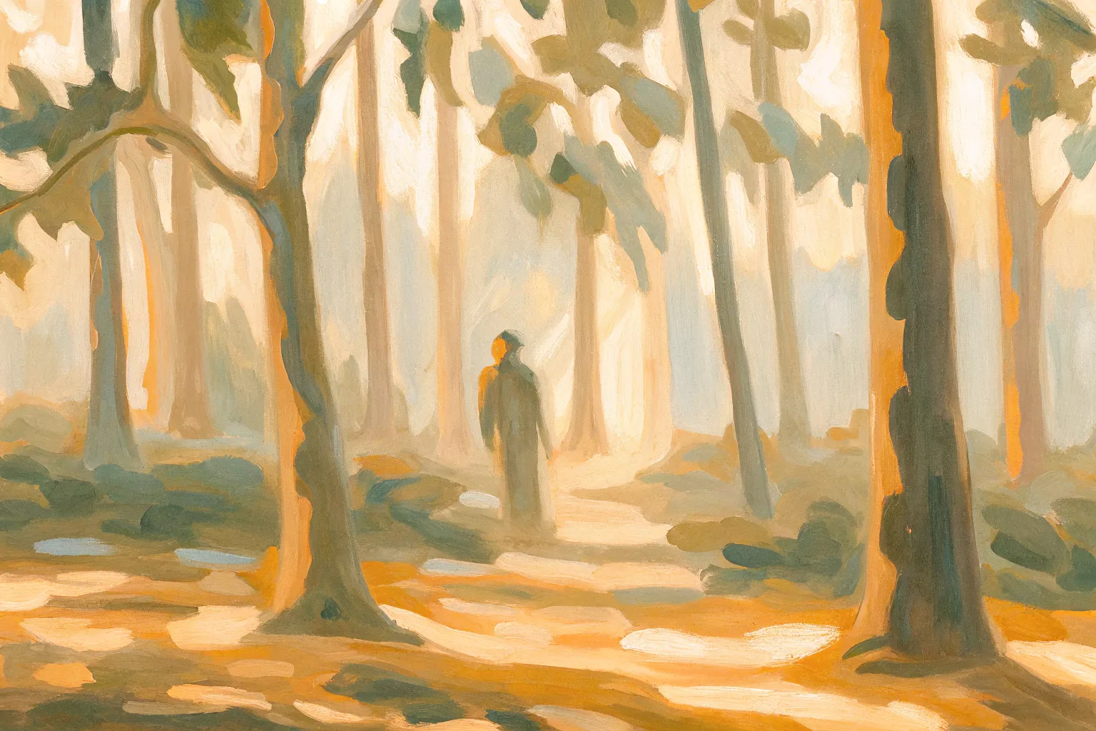 a forest with a human figure in the background
