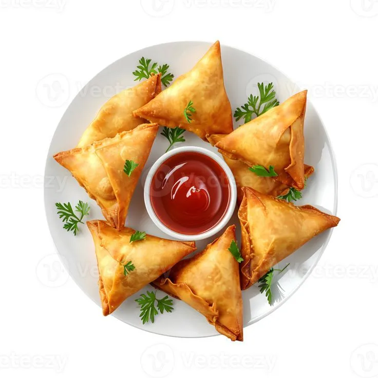 some food is on a plate with ketchup and sauce in the middle for garnishes