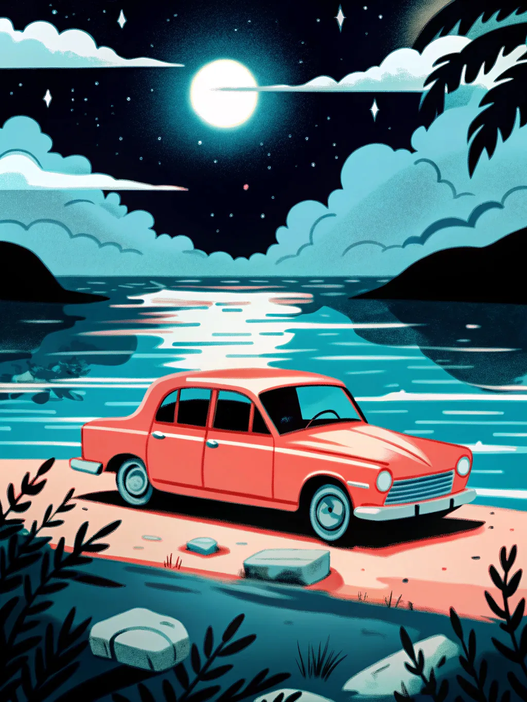 Dark night sea and old car