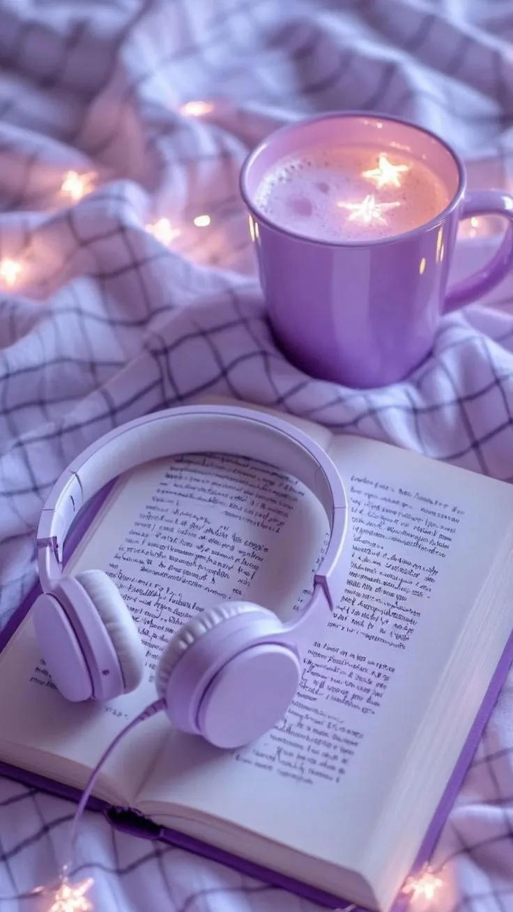 an open book with headphones and a cup of coffee