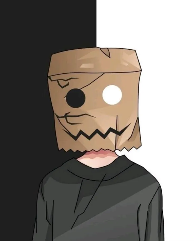 a person wearing a paper mask standing next to a white wall with red circles on it