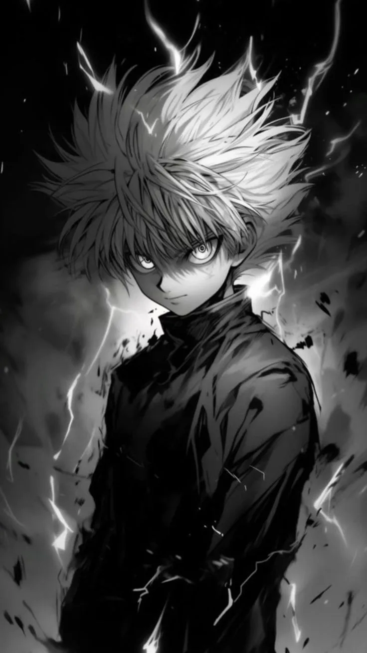 an anime character with blonde hair and lightnings in the background, looking to his left