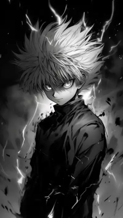 an anime character with blonde hair and lightnings in the background, looking to his left