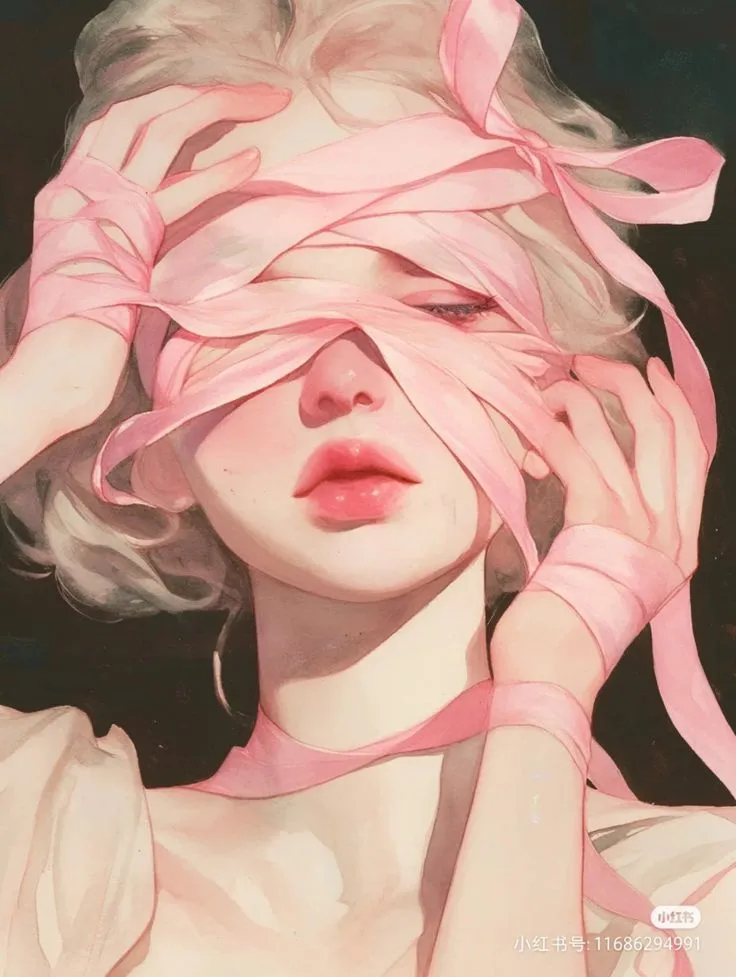 a painting of a woman with pink ribbons tied around her head and hands covering her eyes