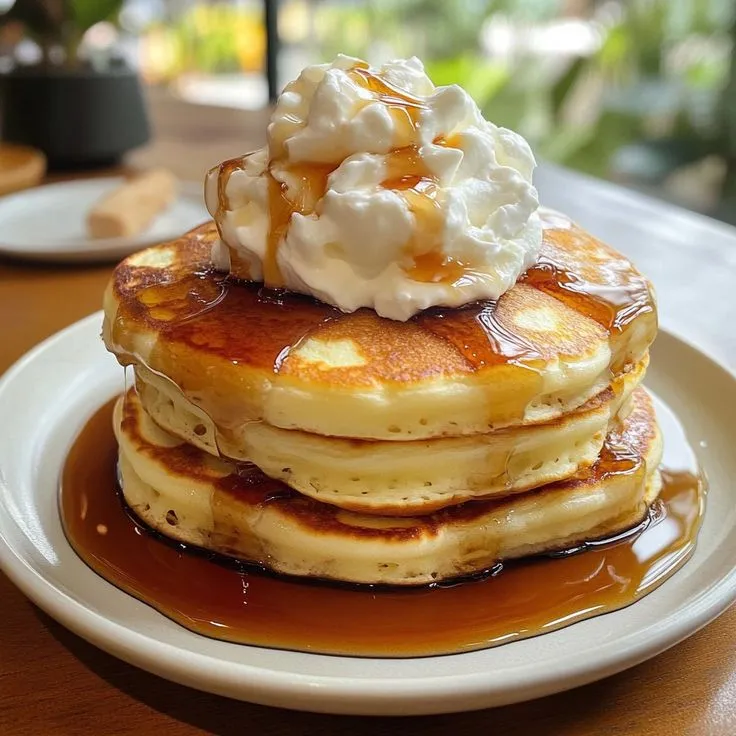 Fluffy Pancakes with Whipped Cream &amp; Maple Syrup 😋🤗Start your day with these light, airy pancakes topped with fluffy whipped cream and sweet maple syrup—pure breakfast bliss! 🥞🍯✨Ingredients:Pancakes:1 1/2 cups all-purpose flour2 tablespoons granulated