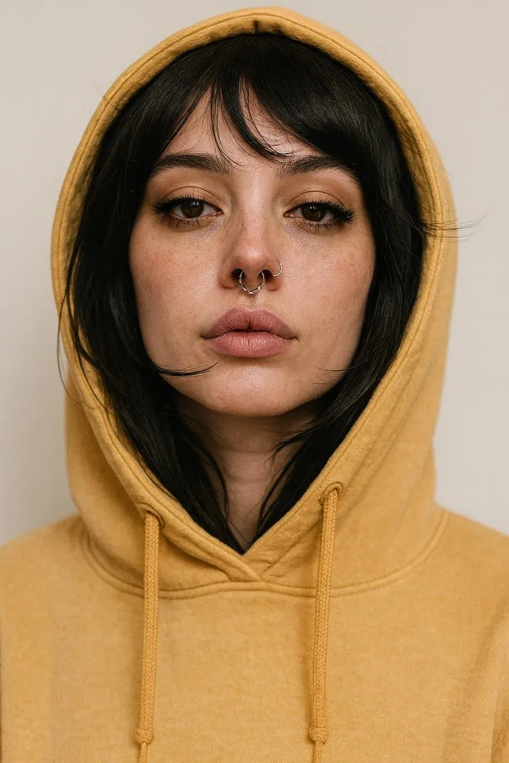 a woman with dark hair wearing a yellow hoodie and looking off to the side