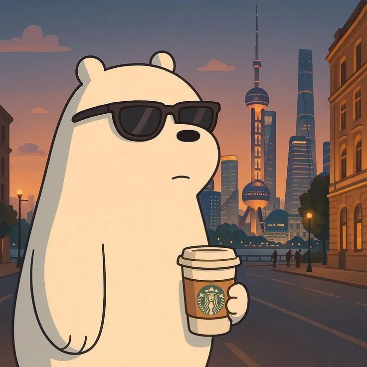 a polar bear wearing sunglasses holding a cup of starbucks coffee in front of a cityscape