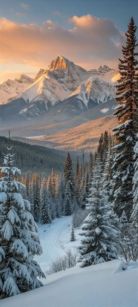 the mountains are covered with snow and trees in the foreground is a road that runs through it