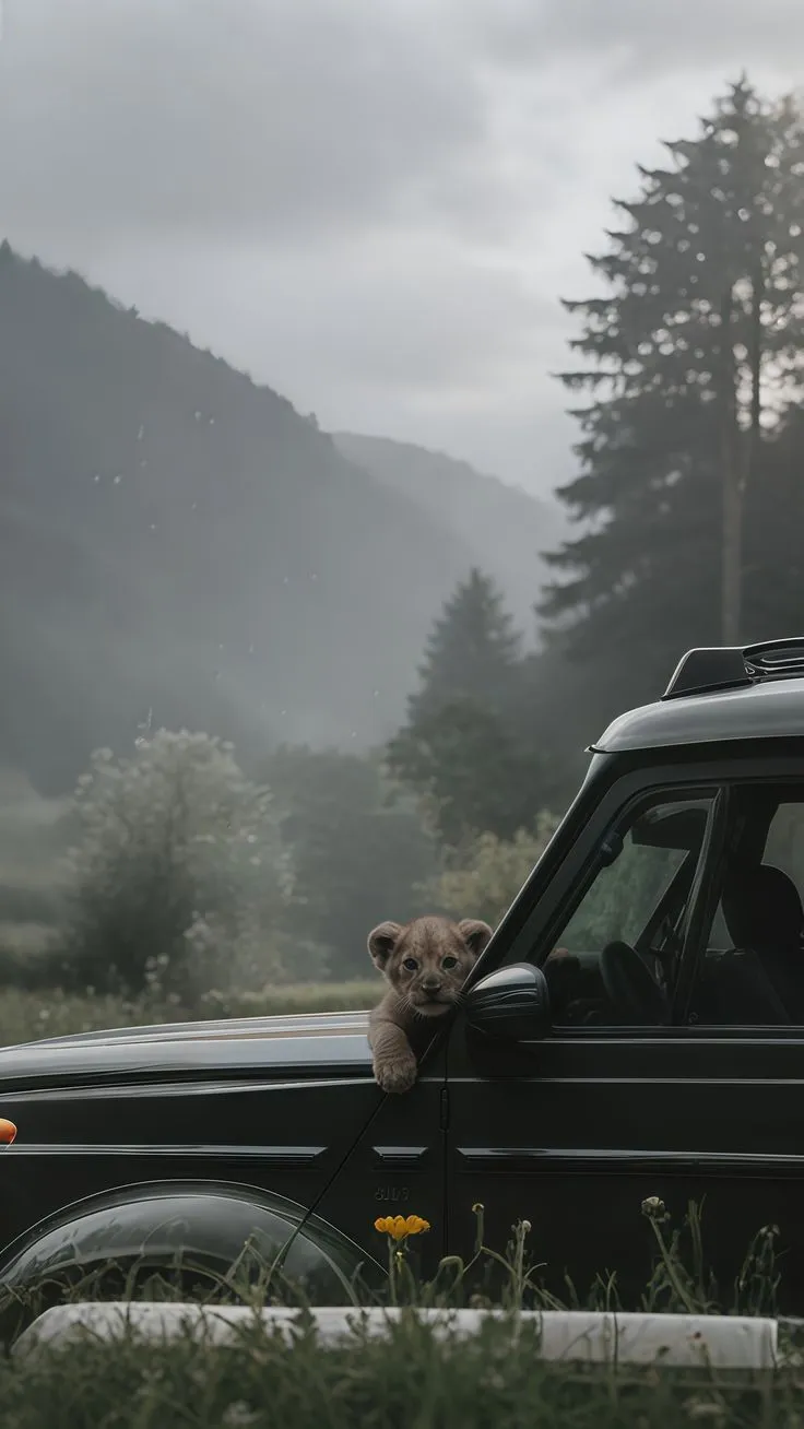 a teddy bear sticking its head out the window of a black car with mountains in the background