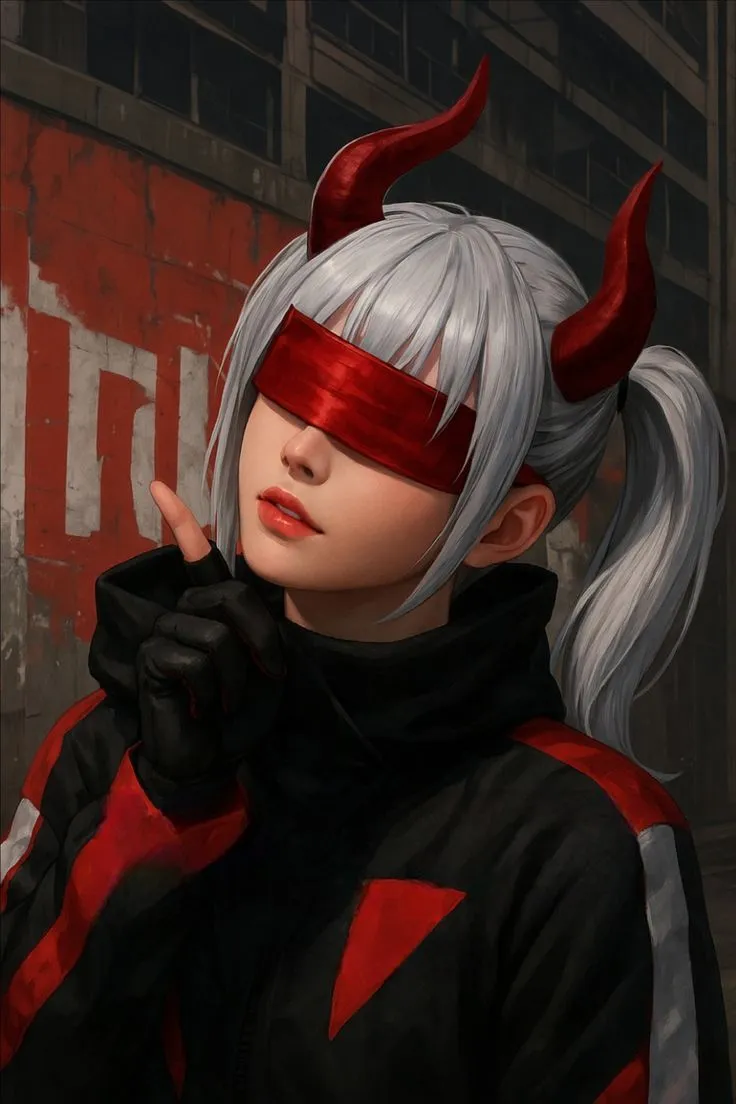 a woman with white hair and red horns on her head