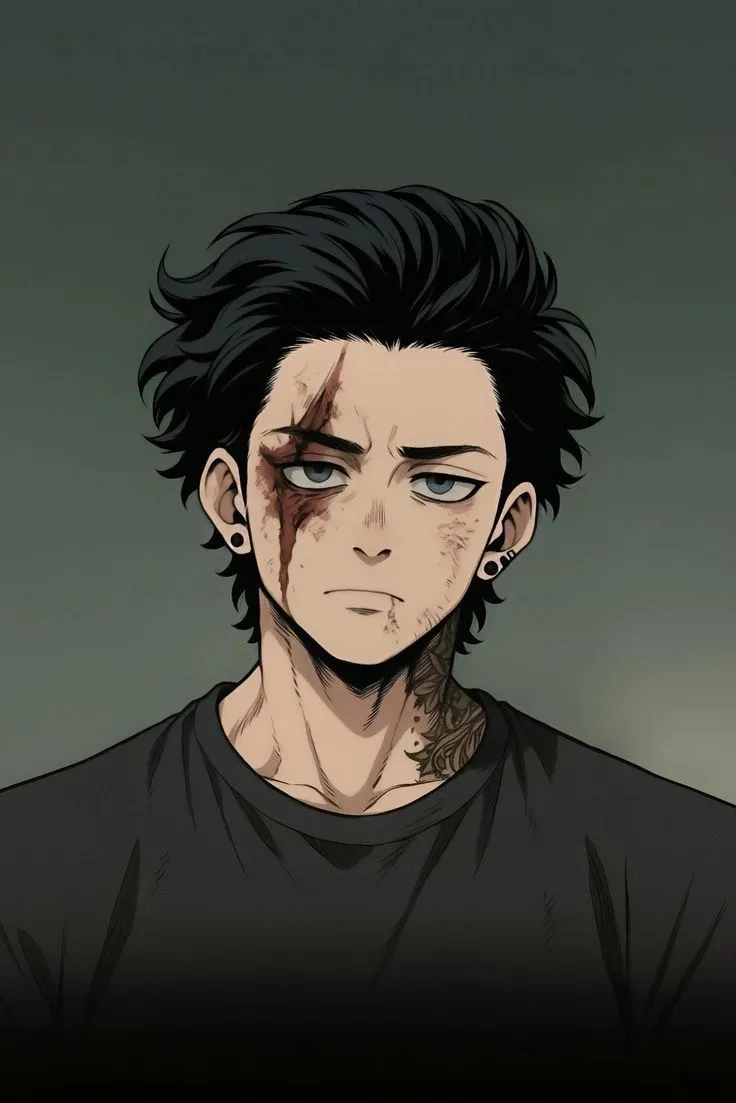 an anime character with black hair and piercings on his face, staring at the camera
