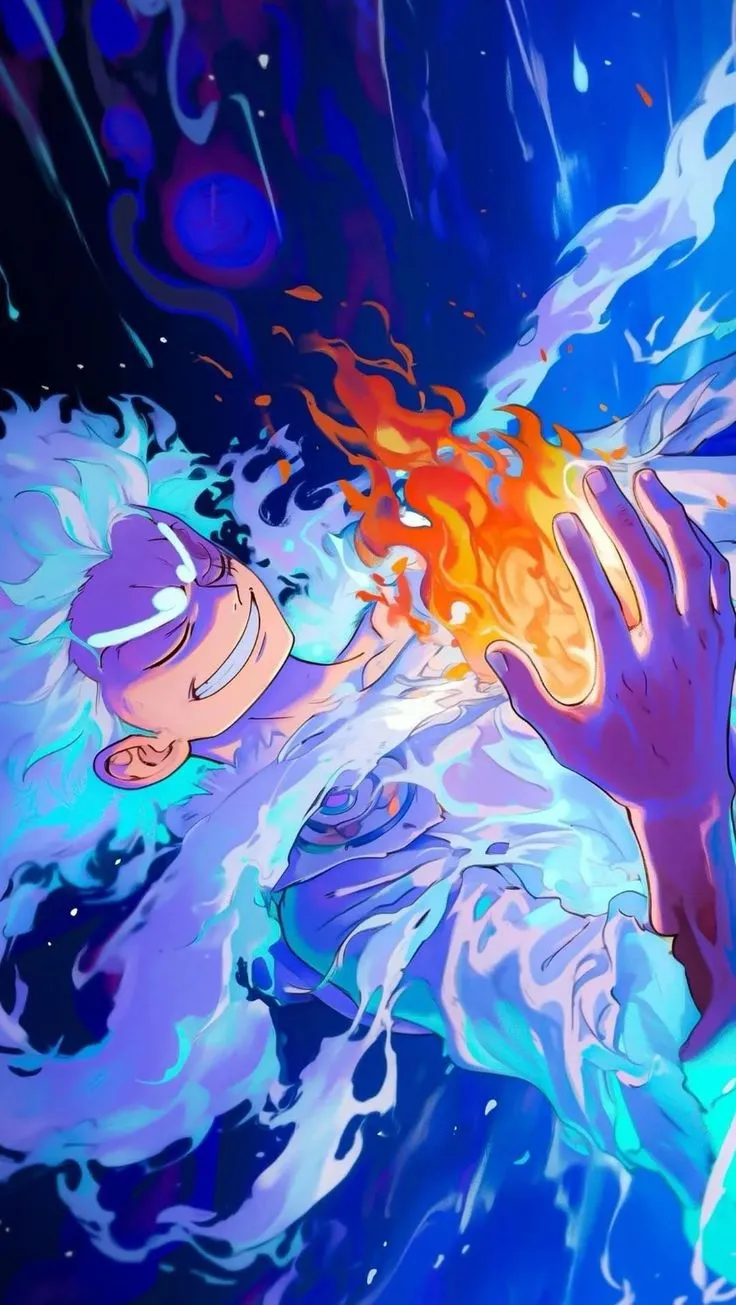 an animated image of a person floating in the water with fire coming out of their hands
