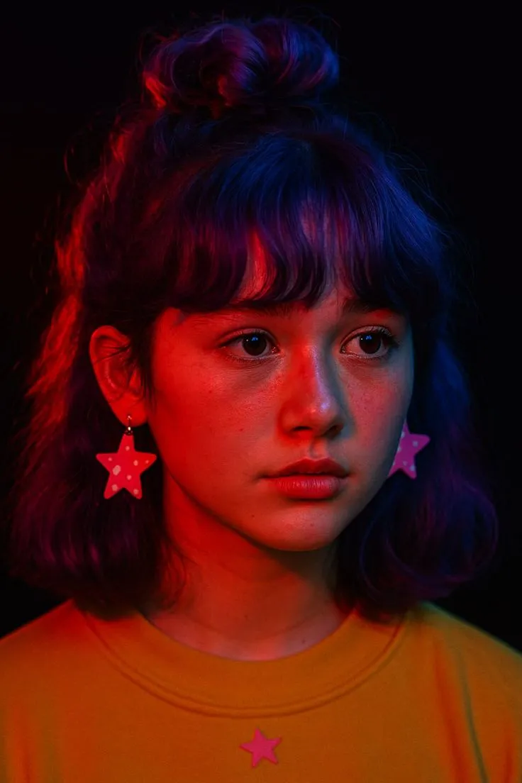 a young woman with dark hair wearing pink stars on her ear and yellow t - shirt