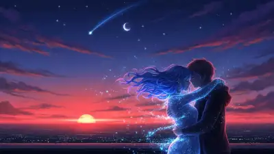 Romantic, Love couple, Surreal, Ethereal, Glowing, Sunset, Stars, Shooting stars, Moon, 5K
