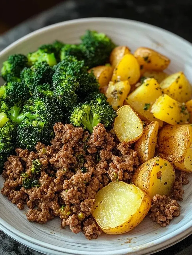 Savory Ground Beef with Herb-Roasted Potatoes & Steamed Broccoli