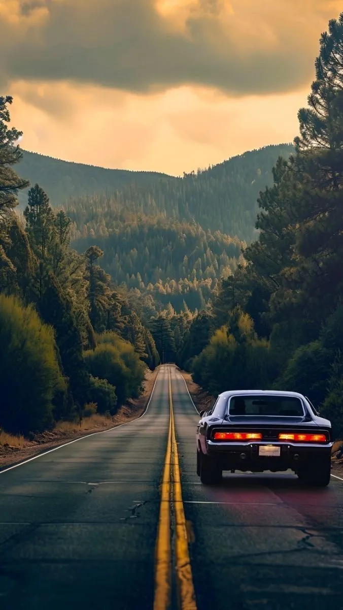 a car is driving down the road in front of some trees and mountains at sunset