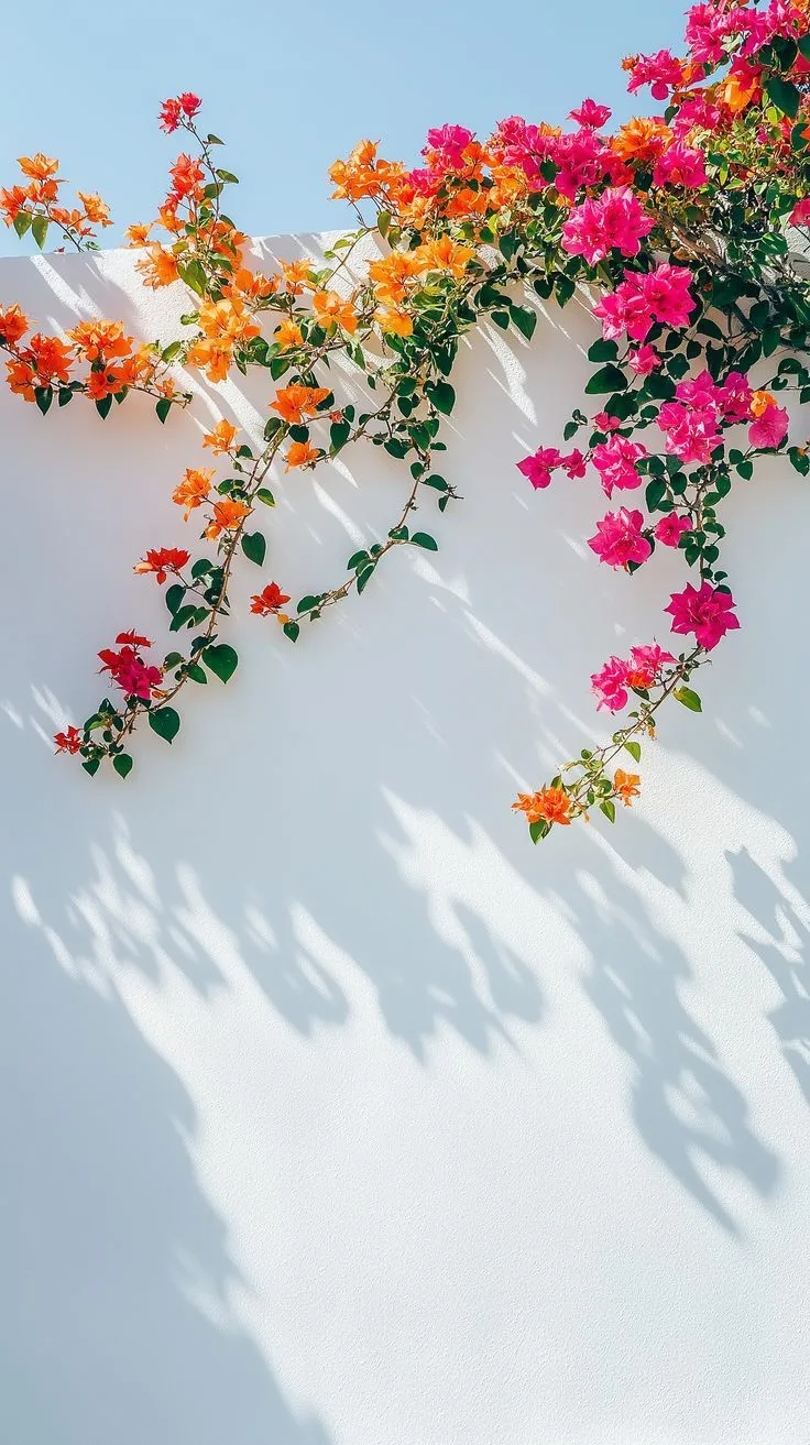 colorful flowers growing on the side of a white wall