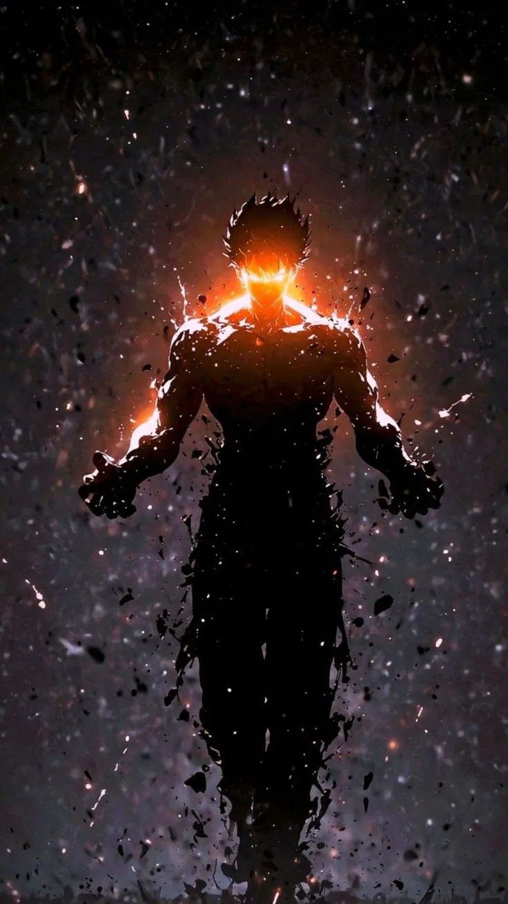 a man standing in the dark with his arms spread out and glowing from behind him