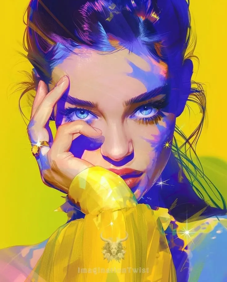 a painting of a woman with blue eyes holding her hand to her face and looking at the camera