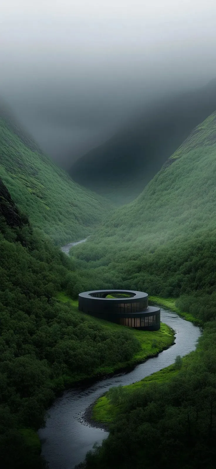 a building in the middle of a green valley with a river running between it and mountains