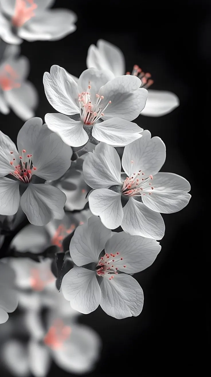 white flowers with red stamens in black and white
