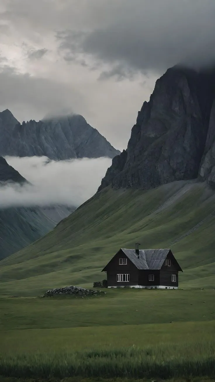 a house in the middle of a field with mountains in the background