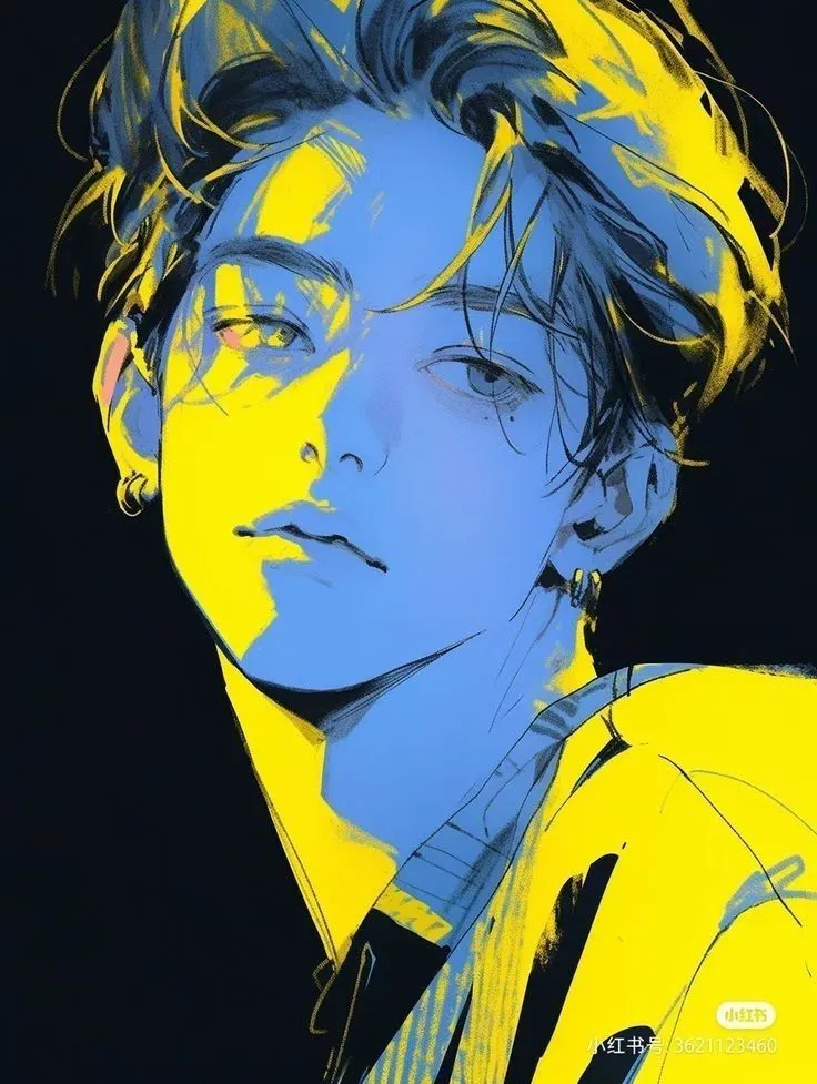 a young man with blue and yellow hair