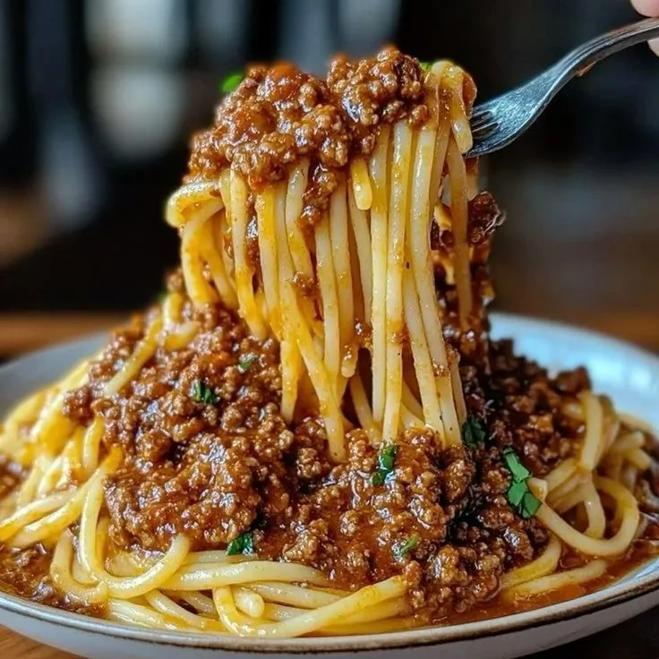 someone is holding a fork full of spaghetti with ground beef and sauce on it in a white bowl