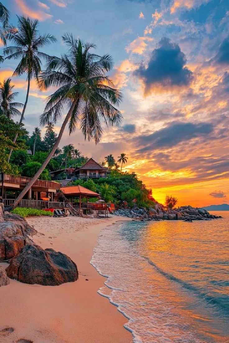 a beach with palm trees and houses in the background at sunset or sunrise on an island