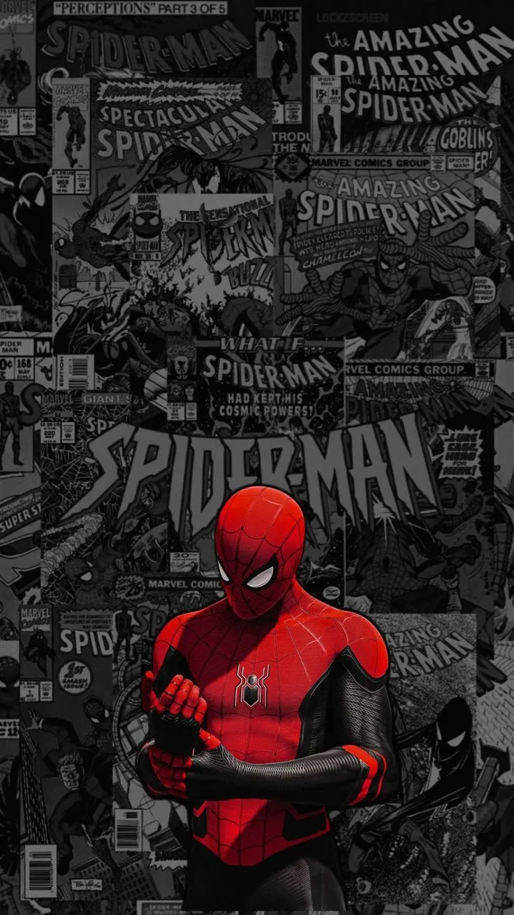 the amazing spider - man poster is shown in black and white, with red accents