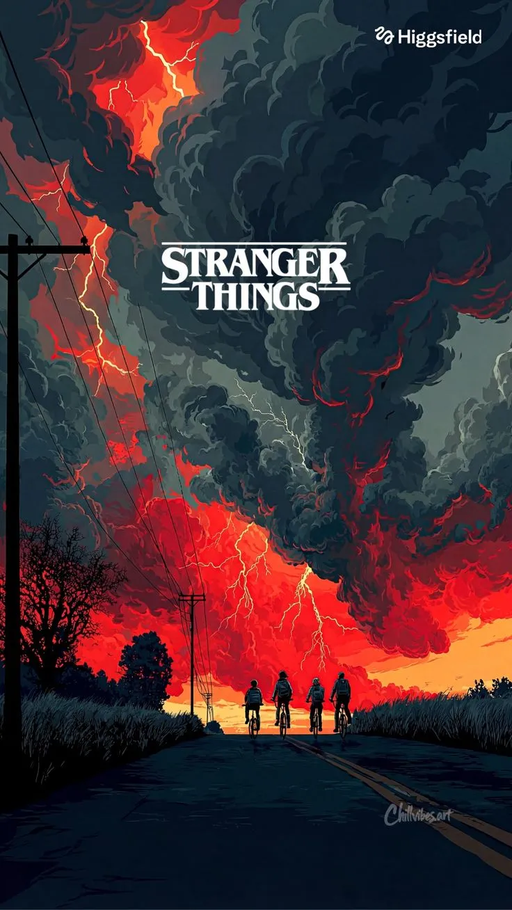 a movie poster for the film strange things with people riding bikes under a cloudy sky
