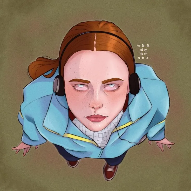 a drawing of a woman with headphones on her ears and an earpiece in her hair