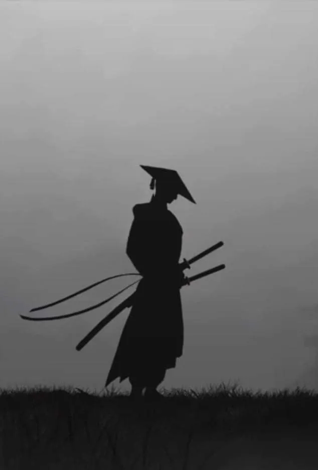 the silhouette of a person holding two sticks and wearing a hat, standing on top of a hill