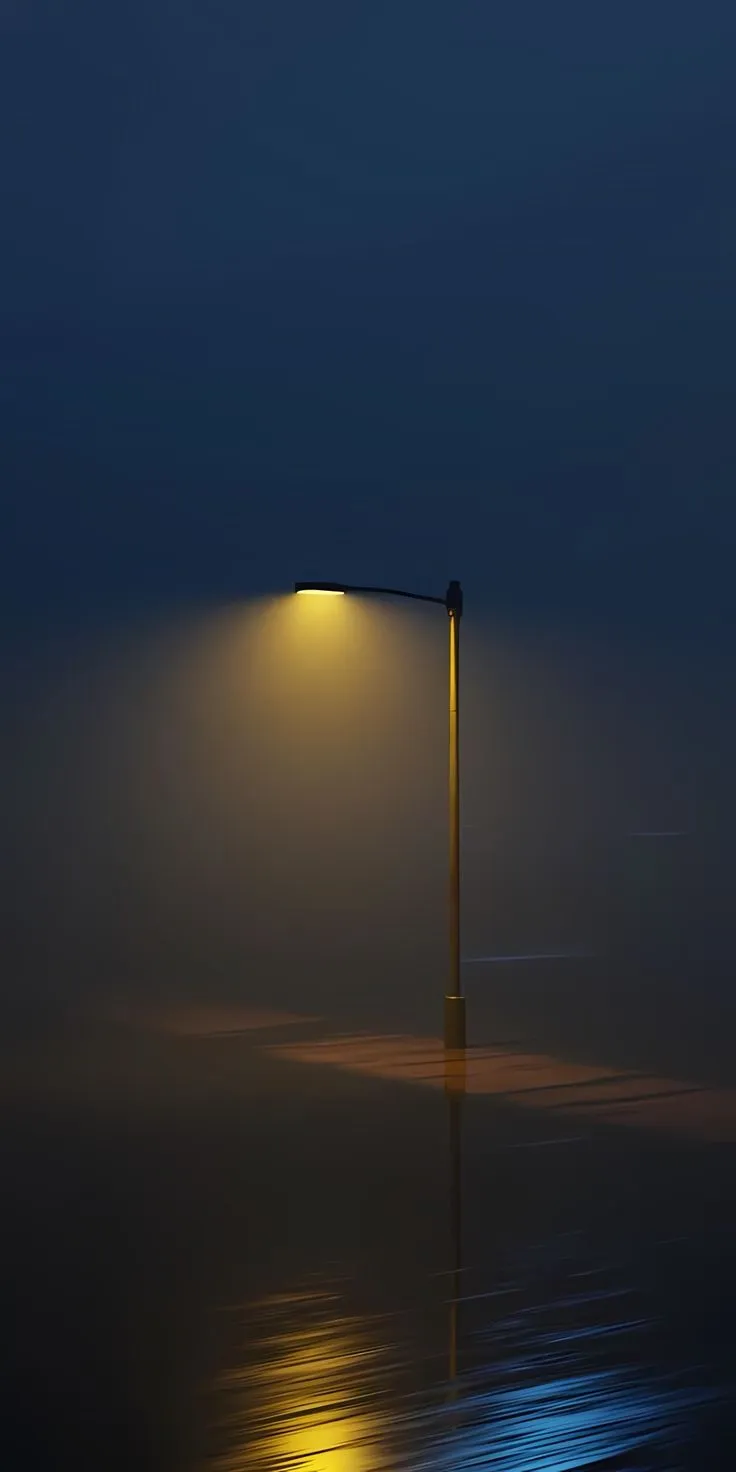 a street light sitting on top of a body of water under a foggy sky