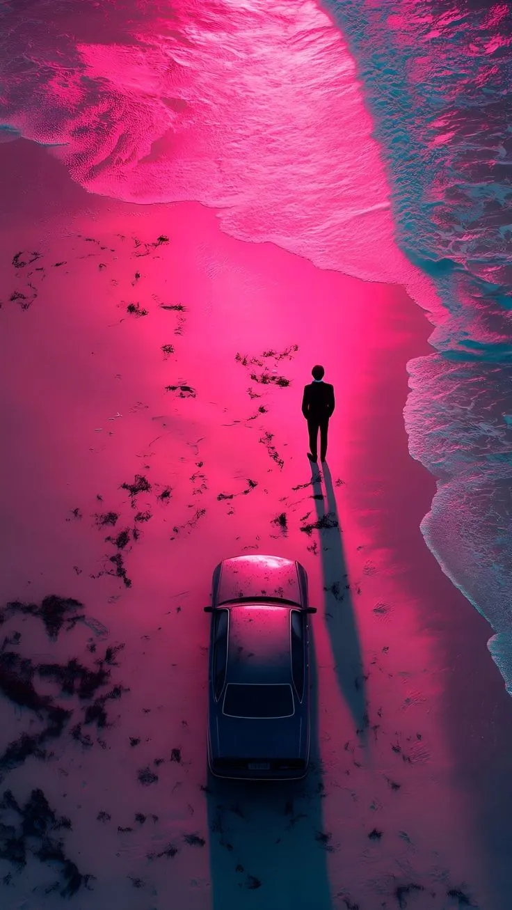 a person standing next to a car in the sand at the ocean's edge
