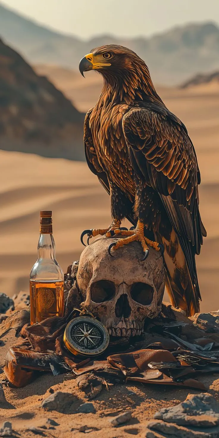an eagle sitting on top of a skull with a bottle next to it in the desert